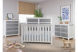Child Craft Ocean Grove 3-Piece Nursery Set with 4-in-1 Convertible Crib, Dresser, and Chest, Grows with Your Baby (White/Gray)