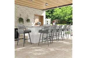 MEISSALIVVE Bar Stools Set of 6, Rattan Counter Height Bar Stools, 26" H Swivel Patio Bar Stools with Boho Woven Rope Back for Kitchen Patio Garden Cushions Included, Grey