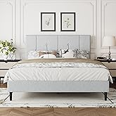 IOILORI Queen Size Bed Frame Platform with Velvet Upholstered Headboard, Sturdy Wooden Slats, No Spring Box, No Noise, Easy to Assemble, Light Grey Bedframe with Strong Wooden Slats, Light Gray