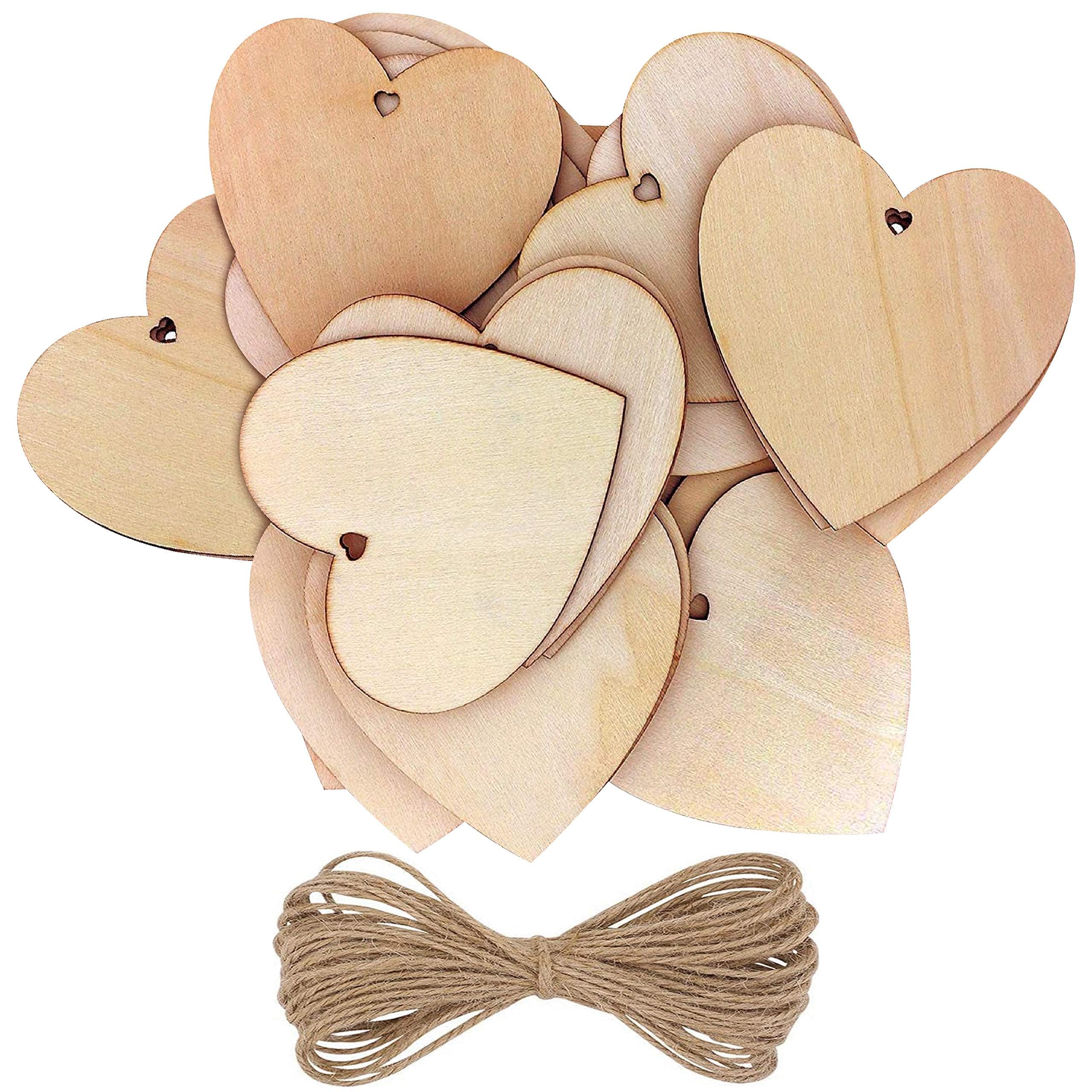 Kurtzy 50 Pack Wooden Hearts with Natural Twine - Hanging & Personalised Decoration