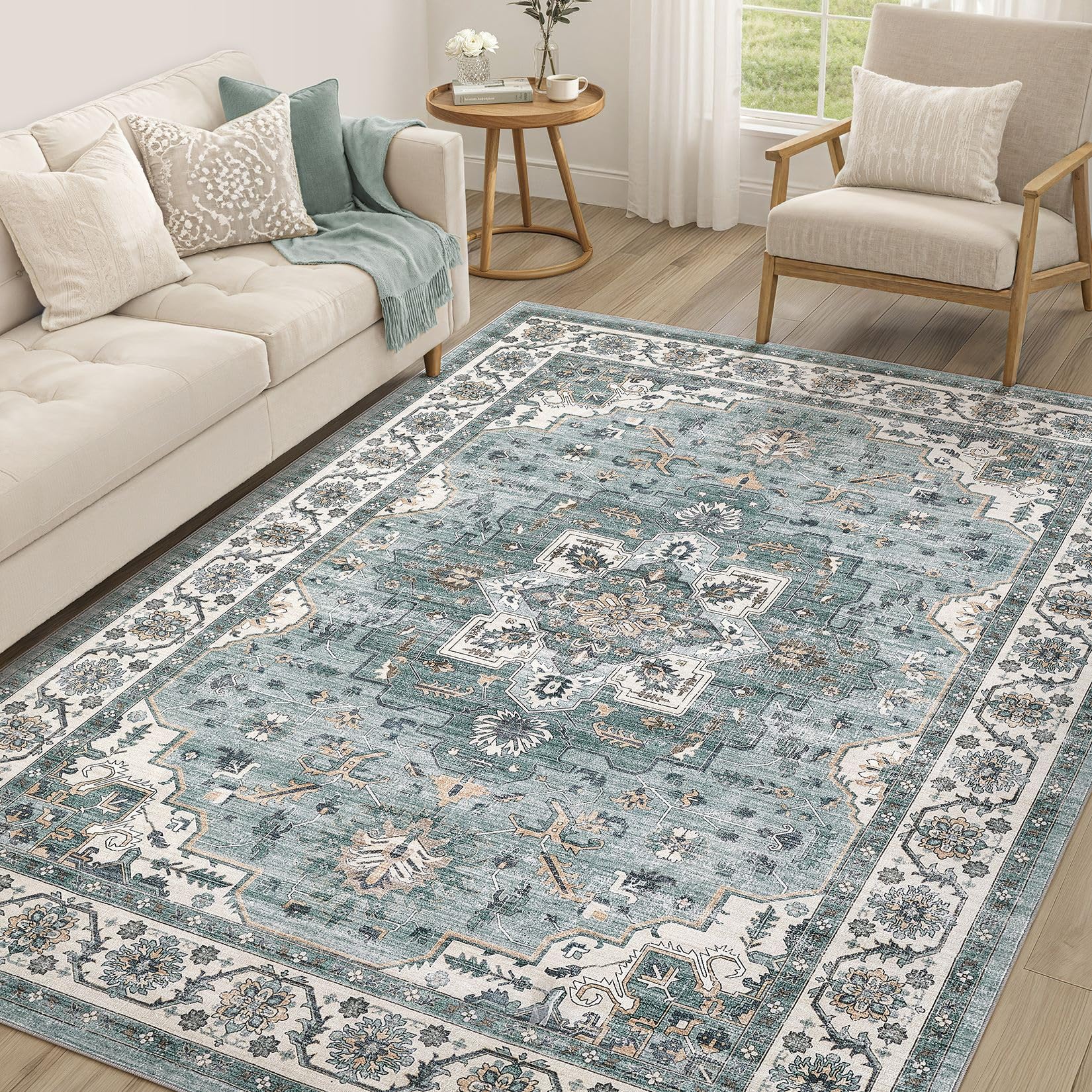 Vintage Living Room Area Rug 6x9 - Large Soft Washable Oriental Traditional Distressed Farmhouse Rugs for Bedroom - Indoor Floor Accent Carpet for Home Office House Decor - Denim Blue Image