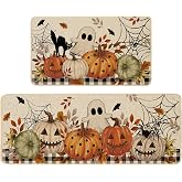 Baccessor Halloween Ghost Kitchen Rugs Set of 2, 17x29 and 17x47 Inch | Black Cat Pumpkin Kitchen Mats for Floor,Rubber Backing,Low Profile and Washable Care,Non Slip