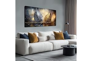 JuhaiArt Gold Leaf Wall Art Bedroom Blue Wall Decor Art Black Canvas Picture for Living Room Office 24" x 48" Modern Artwork Prints