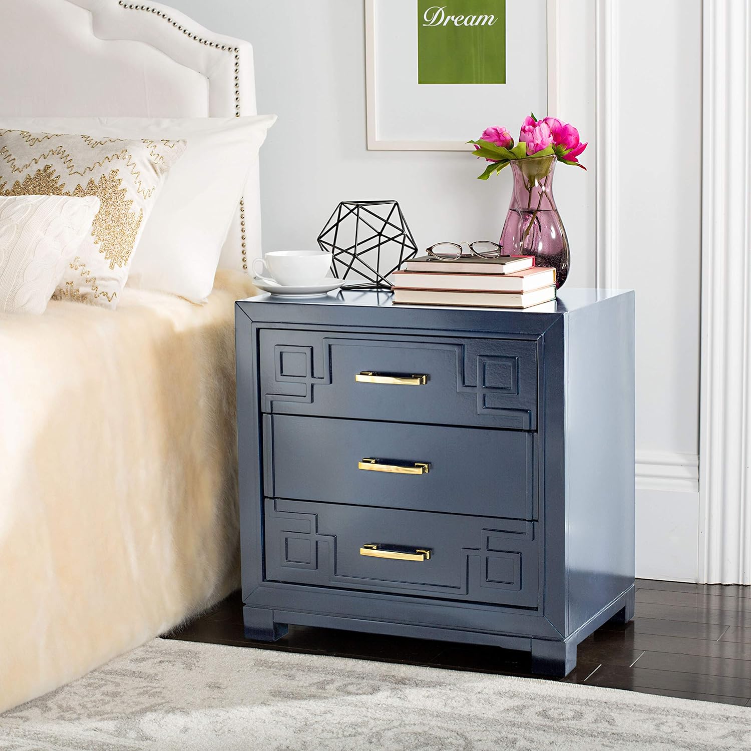 navy dresser and nightstand