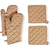 Native Fab Pot Holders and Oven Mitts Sets for Kitchen Heat Resistant- Hanging Non-Slip - 100% Cotton Oven Mitts and Pot Holders 4-Piece Set- Beige