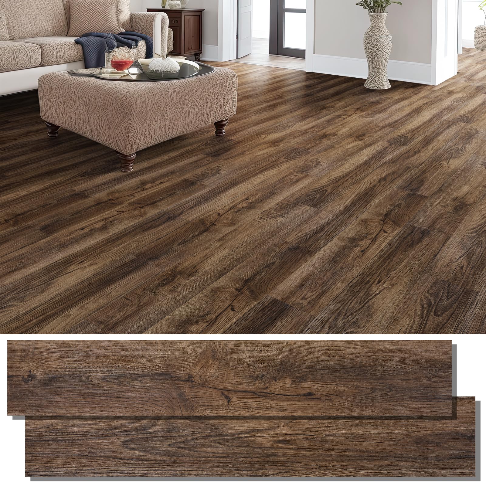 Photo 1 of Peel and Stick Floor Tile, INMOZATA 36-Pack 54 Sq.Ft Self Adhesive Vinyl Plank Flooring Wood Grain Look 36x6 Inch Waterproof Tile Sticker for Bedroom, Living Room, Kitchen, RV (Smoked Brown)