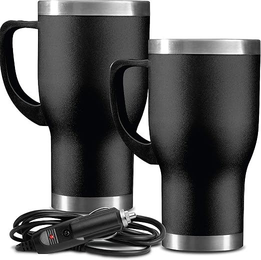 Amazon Com Sharper Image 14 Ounce Stainless Steel Heated Travel Mug With No Spill Lid 12v Dc Adapter Pack Of 2 Kitchen Dining