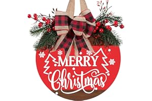 UIONML Merry Christmas Wreath Sign for Front Door, 12 Inch Merry Christmas Welcome Hanging Decor with Bow, Rustic Farmhouse Holiday Door Hanger Sign for Porch, Wall, Indoor Outdoor (Christmas Door Sign-C)
