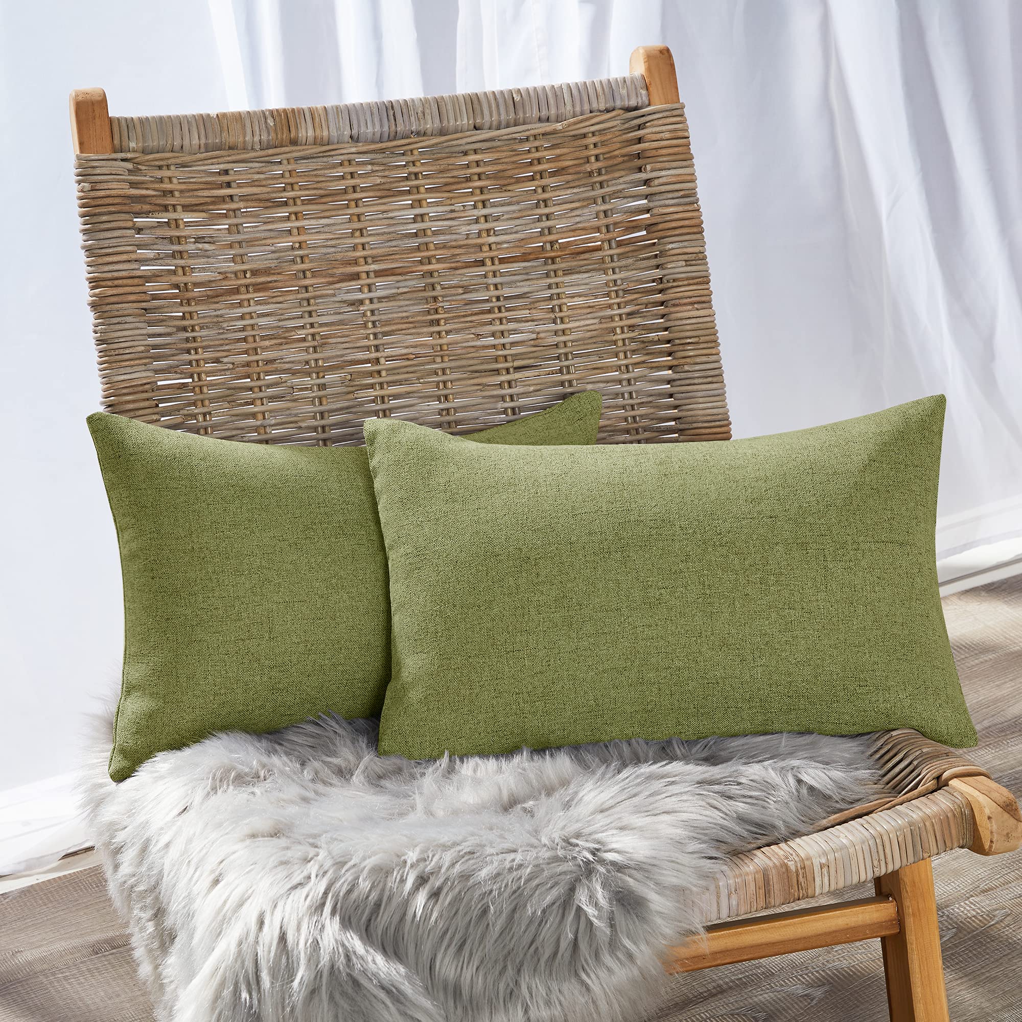 Deconovo Set of 2 Rectangular Cushion Covers, Faux Linen Throw Pillow Cases for Livingroom Sofa with Invisible Zipper, 12x20 Inch, Spinach Green