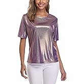 andy & natalie Women's Shiny Tops Holographic Metallic Shirt Shimmer Glitter Sparkle Party Disco Tee Shirt Blouse
