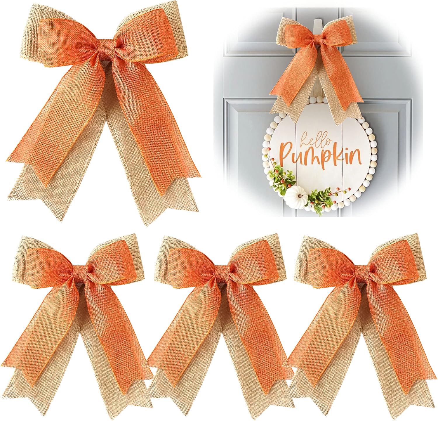 Bows & Ribbons - Cintago 4pcs Fall Bows for Autumn Decor, Harvest Orange Burlap Wreath Bow, Fall Thanksgiving Halloween Christmas Burlap Bows for Wreath(9x12 inches)