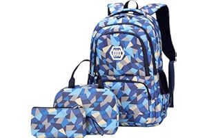 JiaYou Girl Geometric Printed Primary Junior High University School Bag Bookbag 3pcs Backpack Sets(2# Blue-3pcs,35 L)