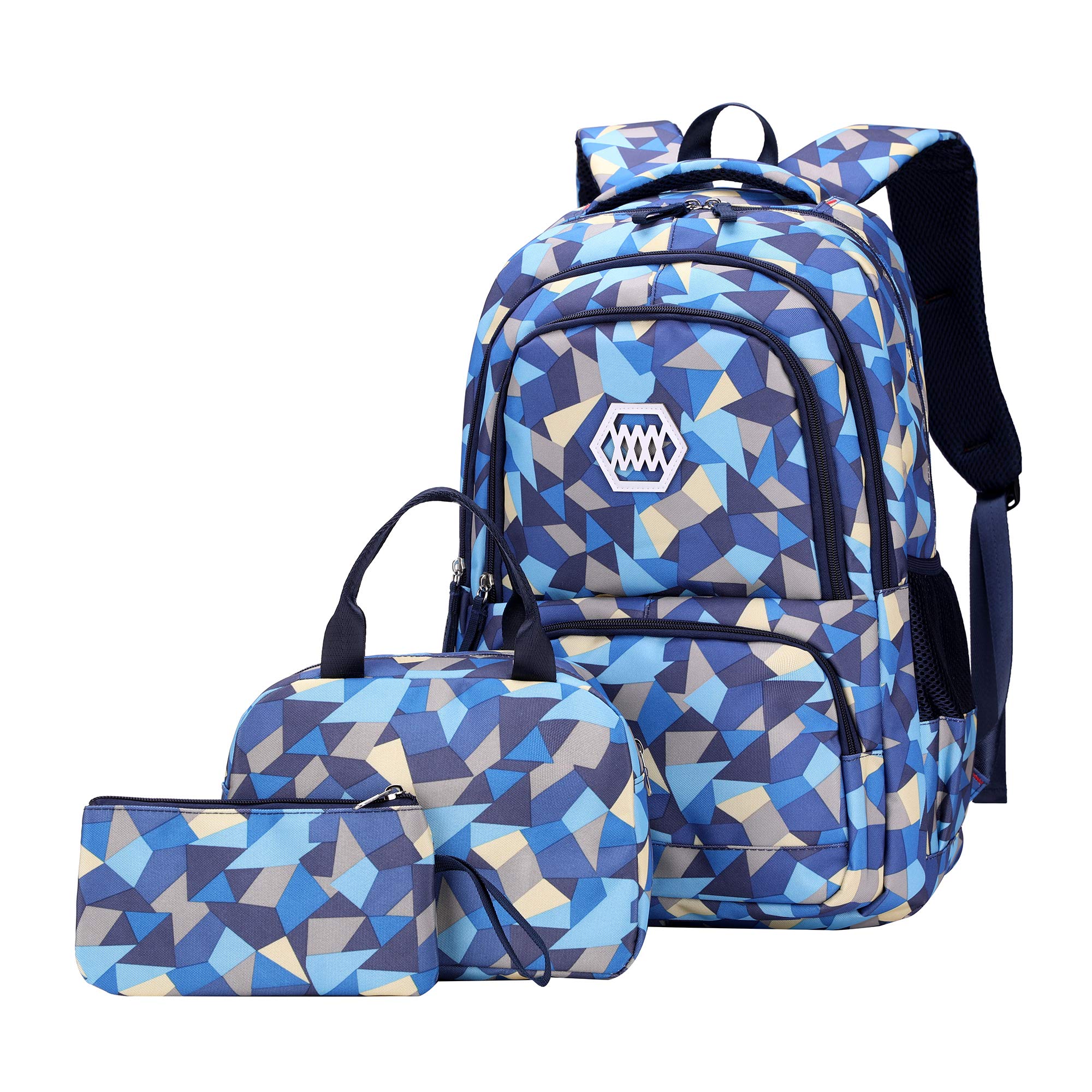 SellerFun Girl Geometric Printed Primary Junior High University School Bag Bookbag 3pcs Backpack Sets(2# Blue-3pcs,19L)