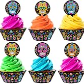 Sugar Skull Halloween Cupcake Toppers & Wrappers – 48 Piece Set, 24 Toppers and 24 Wrappers, Dia De Los Muertos Party Supplies, Day of the Dead Halloween Dessert Decorations by POP parties - CC