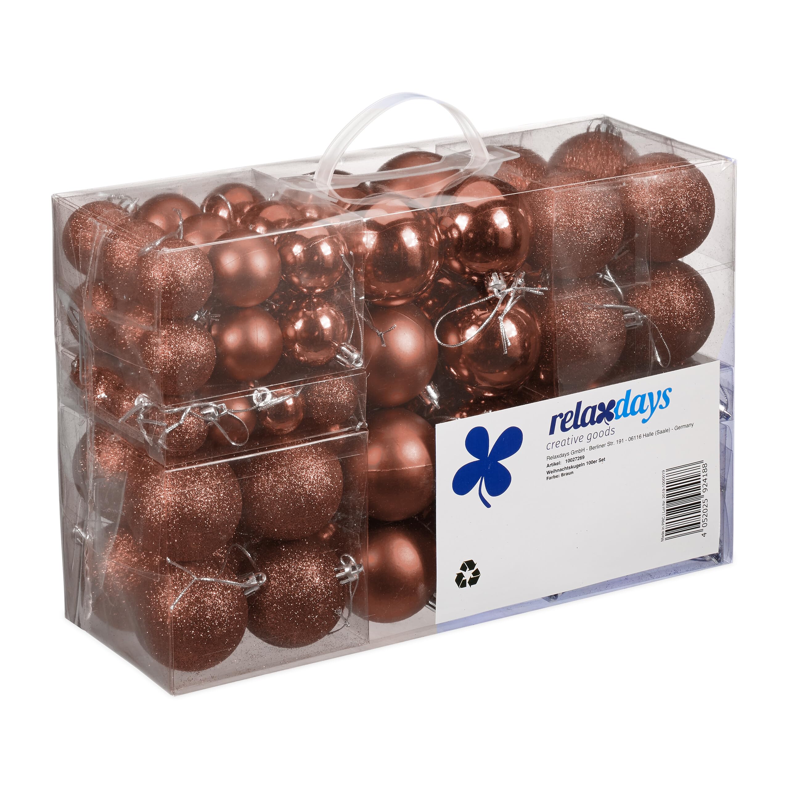 Relaxdays Christmas Baubles Set of 100, Festive Ornaments, Matt, Shiny, Glitter, Tree Balls ∅ 3, 4 & 6 cm, Brown, 7 x 6 x 6 cm