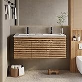 eclife 48" Floating Bathroom Vanity with Sink Combo, Mid-Century Wall Mounted Cabinet with Wood Stripes Decor, Drawers, Undermount Double White Sink, Faucet, Drain, Light Walnut
