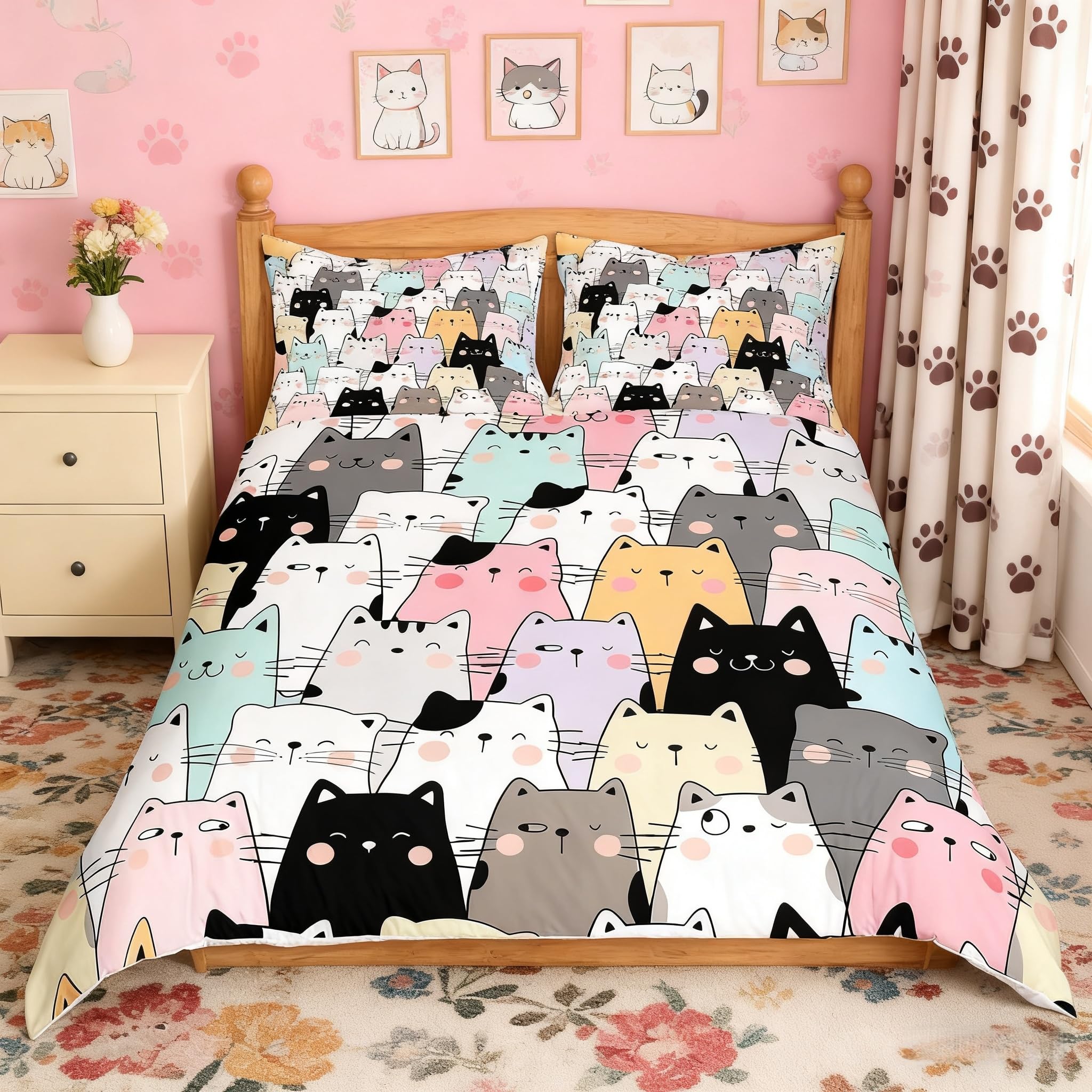 Manfei Cartoon Cats Duvet Cover Set Single Size, Lovely Animal Print Comforter Cover with 1 Pillowcase, Cute Watercolor Cats Bedding Set 2pcs for Kids Girls Bedroom Decor Lightweight Bedspread Cover