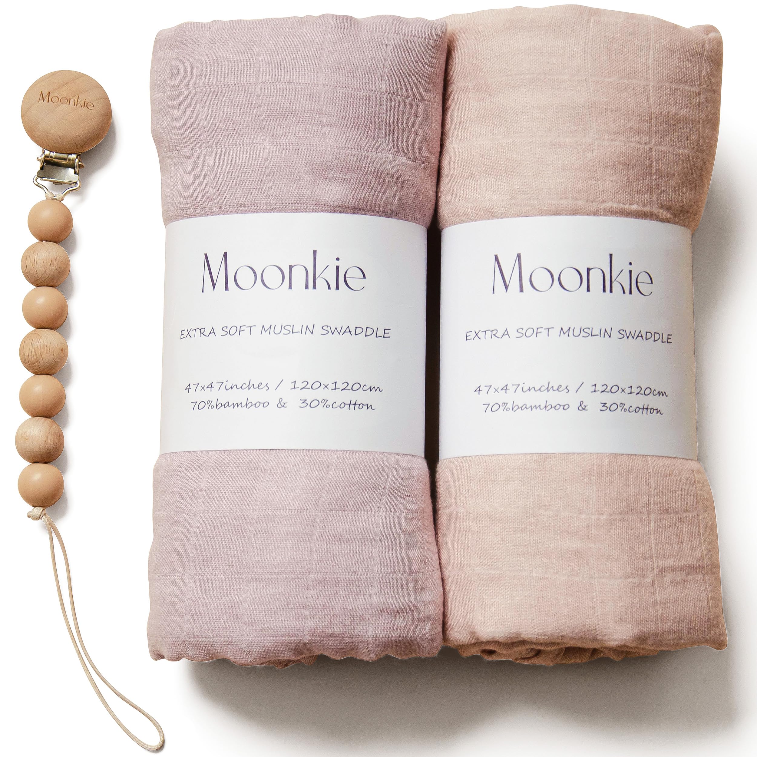 Moonkie 47 x 47 Inches Muslin Swaddle Blanket, 2 Pack Infant Wearable Swaddling Set, Essentials Baby Receiving Blanket for Girls and Boys, Shower Gifts for New Moms (Rose Vanilla/Beige)