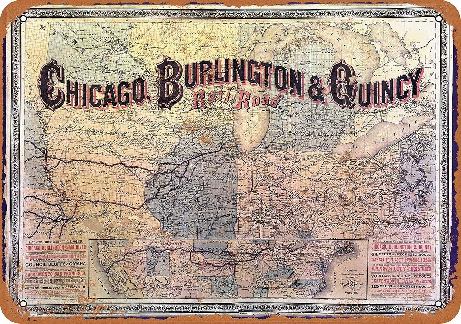 Fsdva 12 X 16 Metal Sign Chicago Burlington Quincy Railroad Map Retro Wall Decor Home Decor Amazon Co Uk Kitchen Home