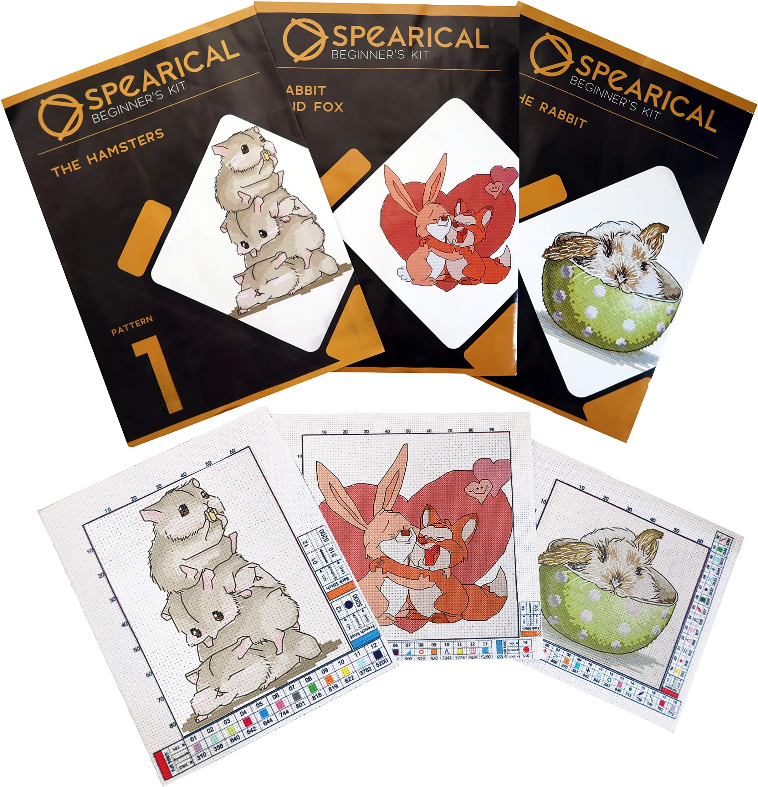 Cross Stitch Stamped Kits Pre-Printed Cross-Stitching Starter Patterns for Beginner Kids or Adults, Embroidery Needlepoint Kit - SPEARICAL 3 Pattern Cross Stitch Kits - Fun DIY Needlework