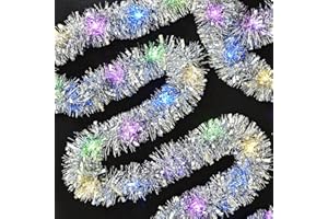 GLYINNHE 33FT Prelit Christmas Tinsel Garland Silver Metallic Twist Tinsel Garland with LED Lights Battery Operated Hanging Garland Decoration for Christmas Tree Stairs Mantle Decoration