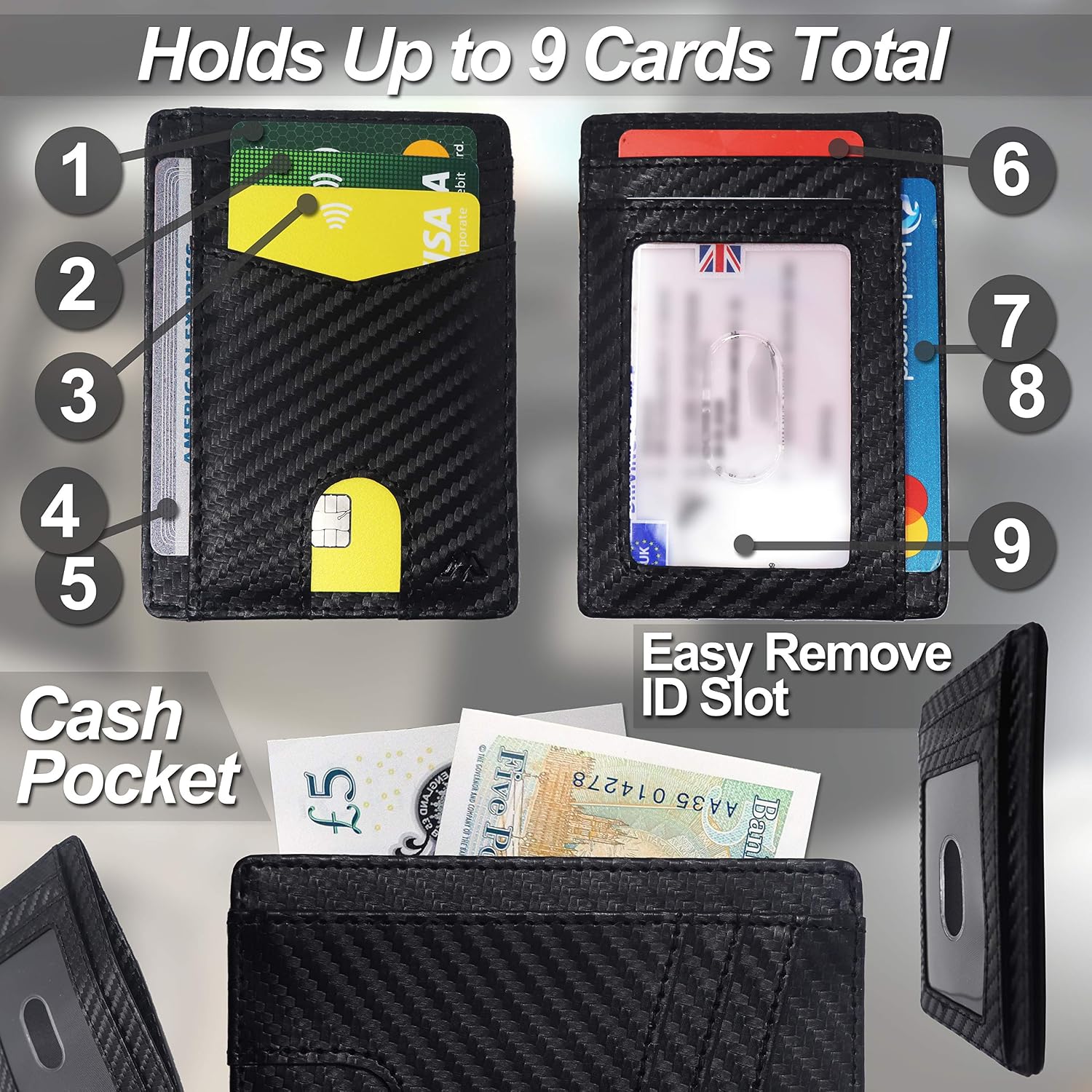 Minimalist Wallet for Men – RFID Blocking Card Wallet – Vegan Leather, Ultra Slim Credit Card Micro Wallets with Cash Money Pocket, ID Sleeve & Travel Pass Oyster Card Holder – Holds up to 9 Cards - Image 5