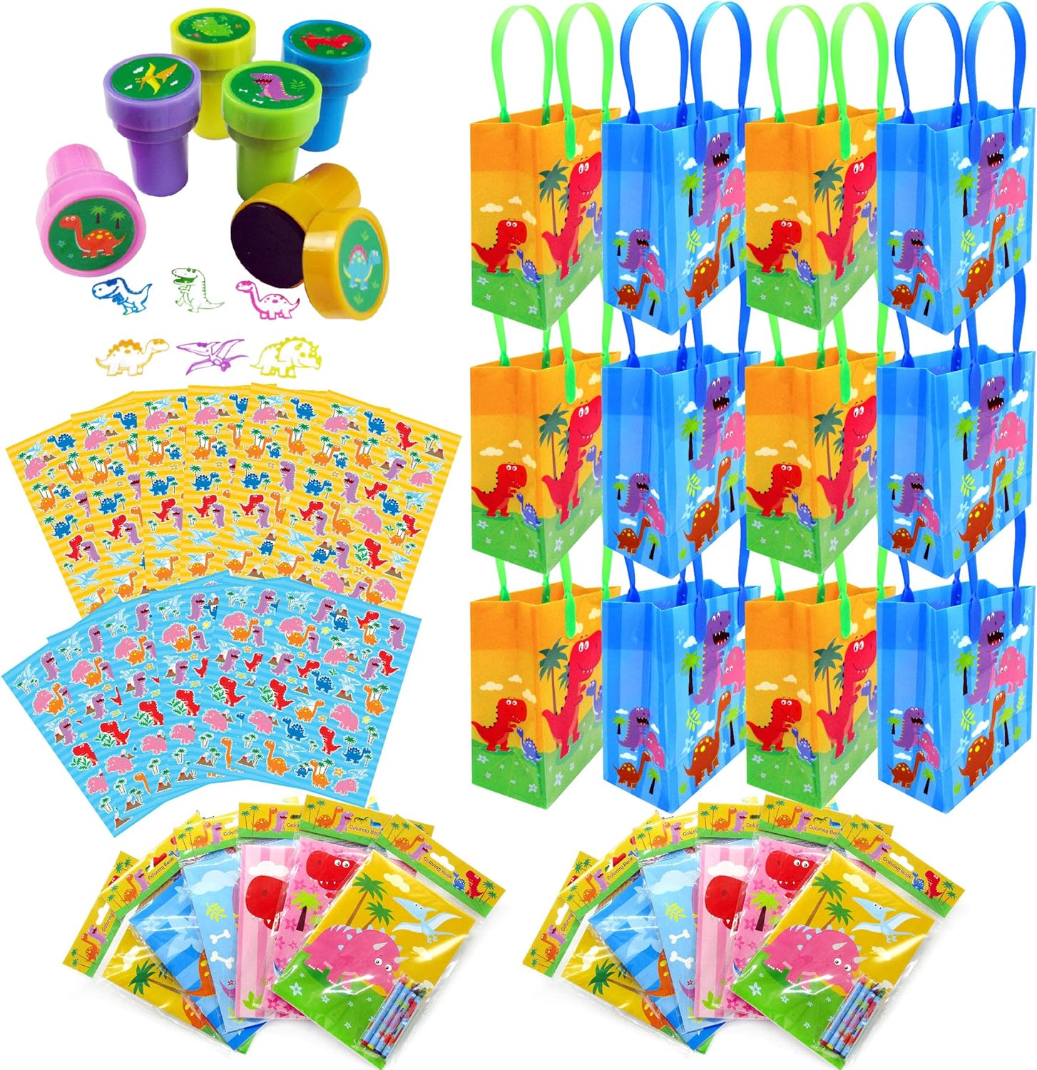 TINYMILLS Dinosaur Birthday Party Assortment Favor Set of 108 pcs (12 Large Party Favor Treat Bags with Handles, 24 Self-Ink Stamps for Kids, 12 Sticker Sheets, 12 Coloring Books, 48 Crayons)