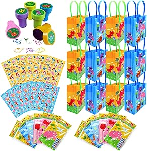 TINYMILLS Dinosaur Birthday Party Assortment Favor Set of 108 pcs (12 Large Party Favor Treat Bags with Handles, 24 Self-Ink Stamps for Kids, 12 Sticker Sheets, 12 Coloring Books, 48 Crayons)
