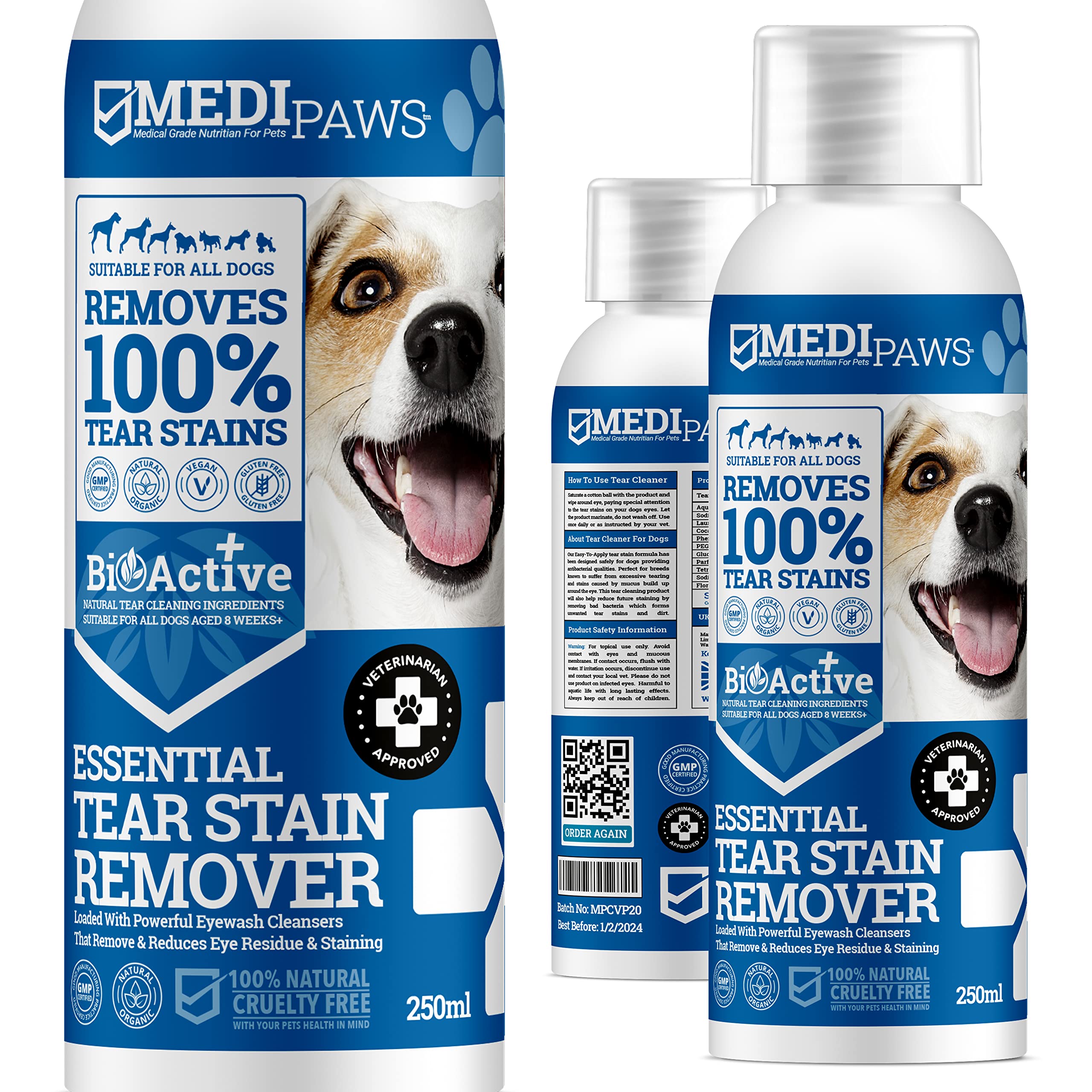 MediPaws Dog Tear Stain Remover | Dog Eye Cleaner Eyewash | Tear Stain Remover For Dogs Eyes | Gently Removes Eye Residue & Prevents Stains | 100% Natural Plant Derived Formula | Made In UK | 250ml