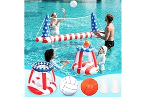 SLOOSH Inflatable Pool Floats Set American Flag Volleyball Net & Basketball Hoops, Swimming Pool Game Toy for Kids and Adults, Floating, Volleyball Court (105”x28”x38”)|Basketball (27.6”x23”), Red White