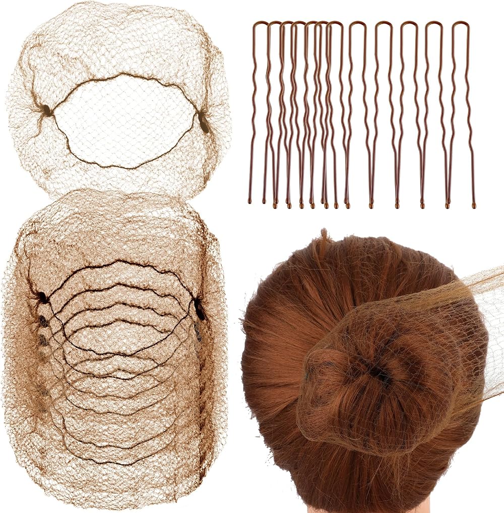 Abeillo Brown Ballet Hair Nets 20 Pcs 50cm & 40 U Shaped Hair Pins Set Women