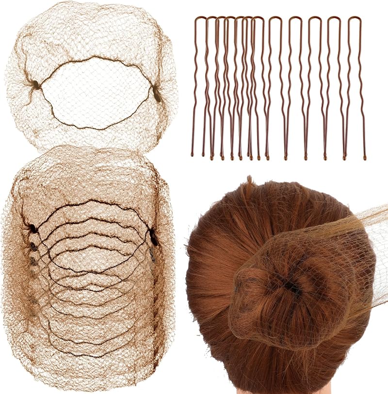 Abeillo Brown Ballet Hair Nets 20 Pcs 50cm & 40 U Shaped Hair Pins Set Women