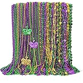 48PCS Mardi Gras Beads, Metallic Mardi Gras Beads Necklace, 10 Kinds Green Purple Gold Necklaces Bulks, Coins Mask Bead Necklace Costumes, Festival Carnivals Events Parade Throws Party Accessories