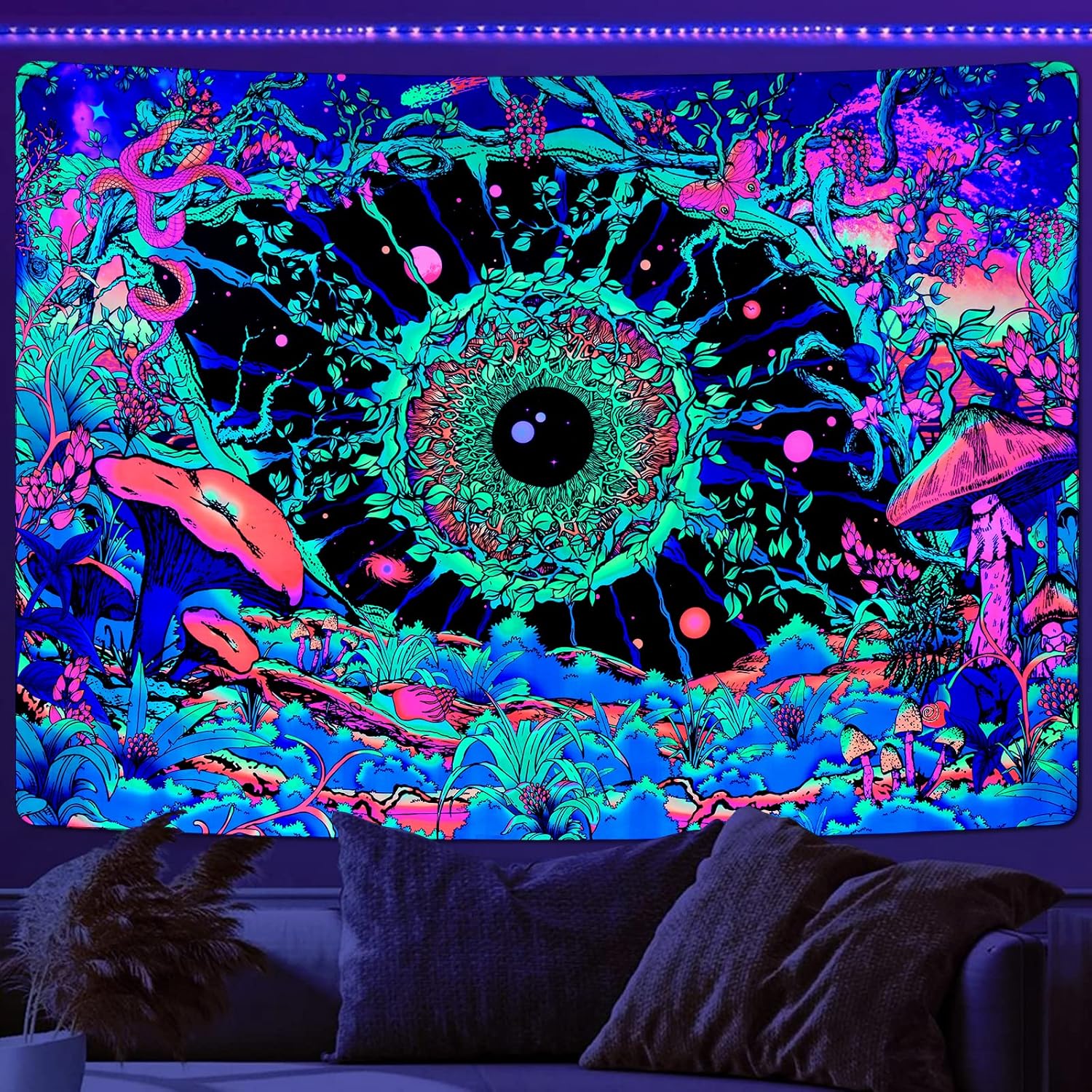 Tapestries - Uspring Blacklight Mushroom Tapestry UV Reactive Eye Tapestries Aesthetic Floral Plant Tapestry Hippie Butterfly Snake Tapestry Galaxy Space Tapestry for Bedroom(59.1 x 82.7 inches)