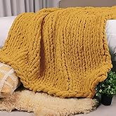 Carriediosa Chunky Knit Throw Blanket 50" X 60", 100% Hand Made Large Chenille Loop Yarn Soft Fluffy Throws for Couch Sofa Bed, Big Crochet Cozy Heavy Thick Cable Woven Blanket, Yellow