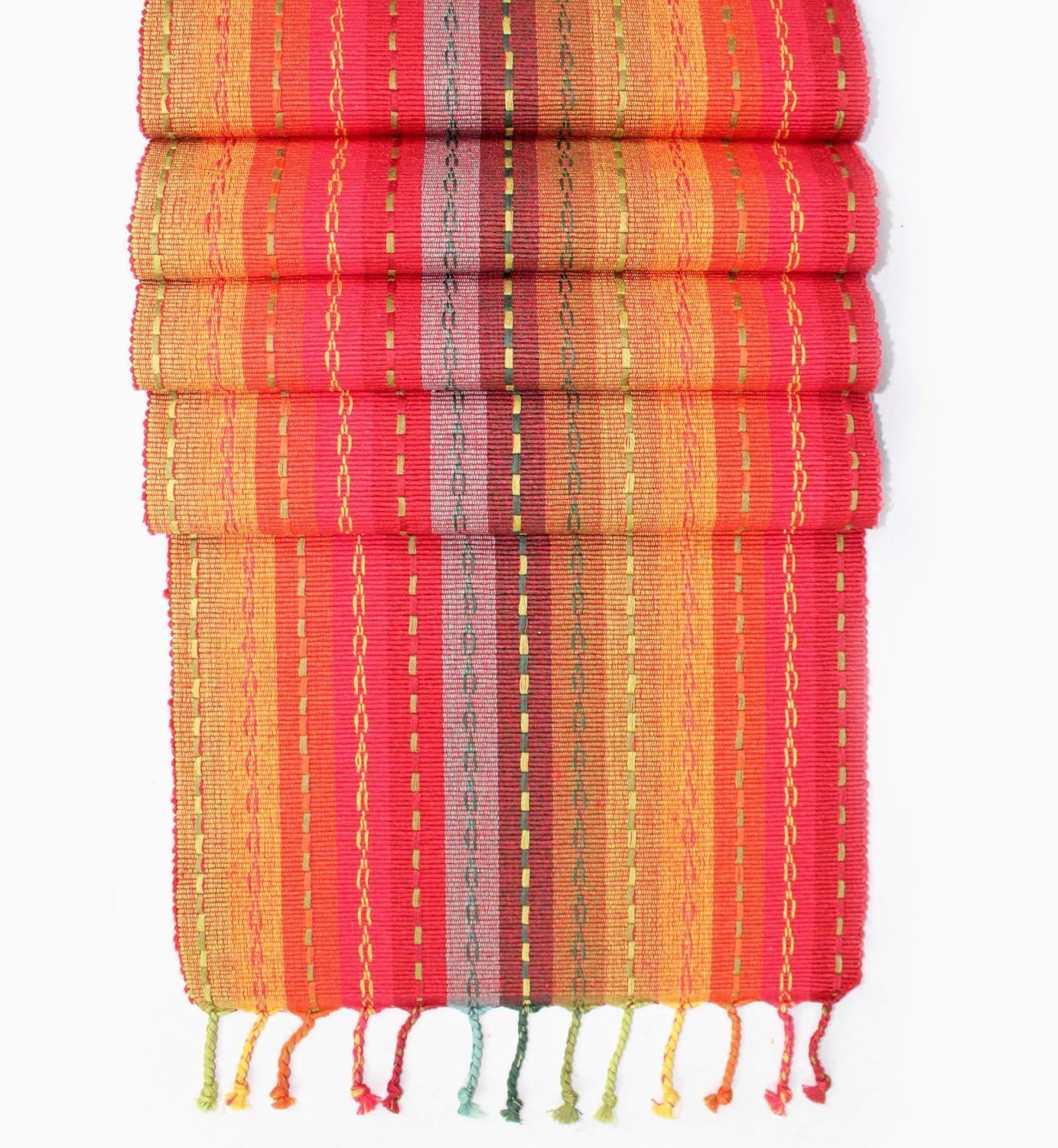 COTTON CRAFT - Salsa Stripe Hand Knotted Fringe Table Runner - 14x72 - Red Multi Cotton Hand Woven by Skilled artisans - Unique Hand Knotted Decorative Fringe: Home & Kitchen