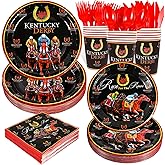 HOWAF 140Pcs Kentucky Horse Racing Party Supplies Disposable Dinnerware Set, Derby Day Table Decorations Plates, Napkins, Spoons for Run for the Roses Party Decoration Derby Race Supplies