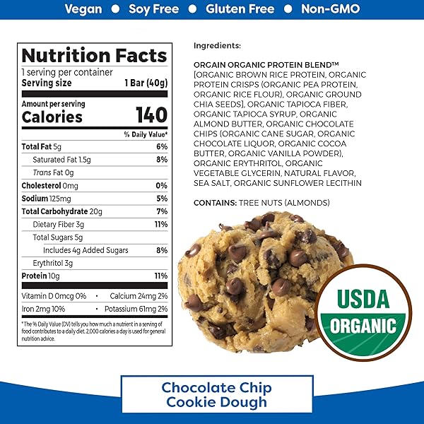 ORGAIN ORGANIC PLANT BASED PROTEIN BAR, CHOCOLATE CHIP COOKIE DOUGH 12 CT
