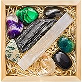 CRYSTALYA Protection Crystals and Healing Stones,100% Authentic, Wooden Gift Box + 50pg EBOOK- Obsidian, Fluorite, Malachite, Hematite, Amethyst, Selenite, Tourmaline + Info Guide, Made in USA