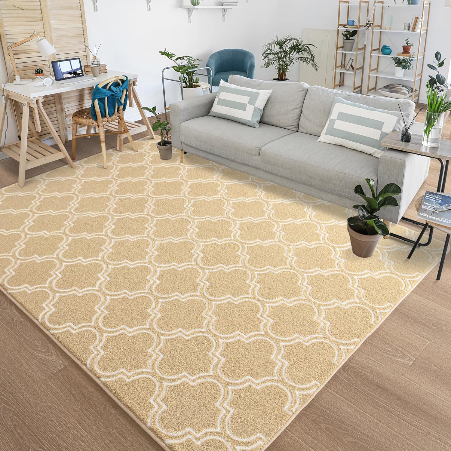 Rugs, Pads & Protectors - Chicrug Shag Geometric Modern Area Rug for Living Room, 5x7 Feet Large Memory Foam Indoor Carpet, Fluffy Rug for Bedroom Bedside Room Decor for Family Girls Kids Nursery, Beige/White