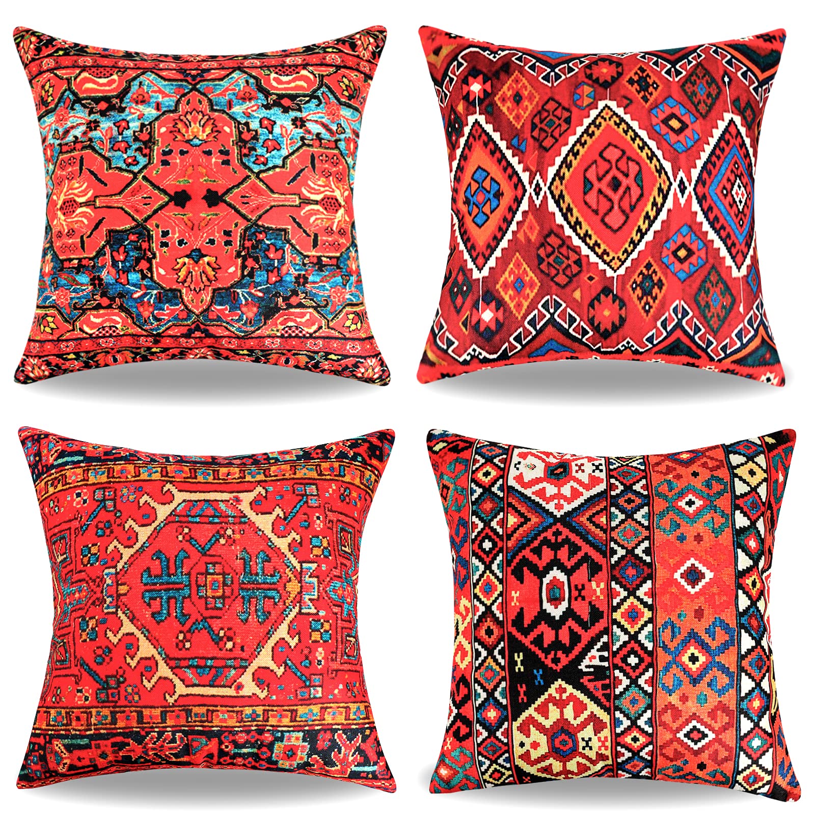 RYBornament Cushion Covers 18x18 Decorative Throw Pillow Case Set Of 4 Red Moroccan Home Decor Linen Square Outdoor Hippie Pillow Covers For Livingroom Garden Furniture