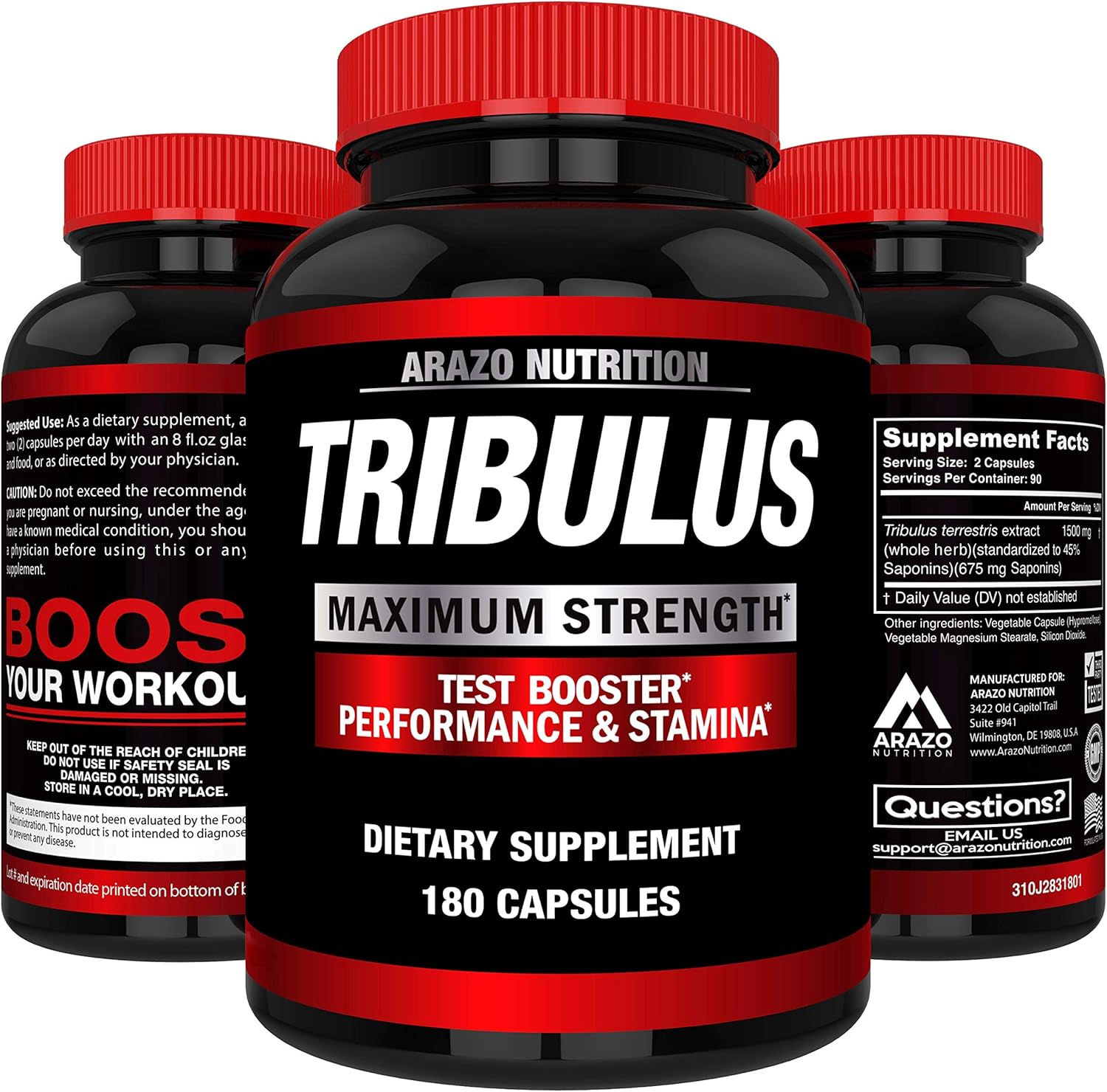 Tribulus Terrestris 1500MG Extract Powder - Testosterone Booster with Estrogen Blocker - Arazo Nutrition USA - 180 Capsules: Health & Personal Care