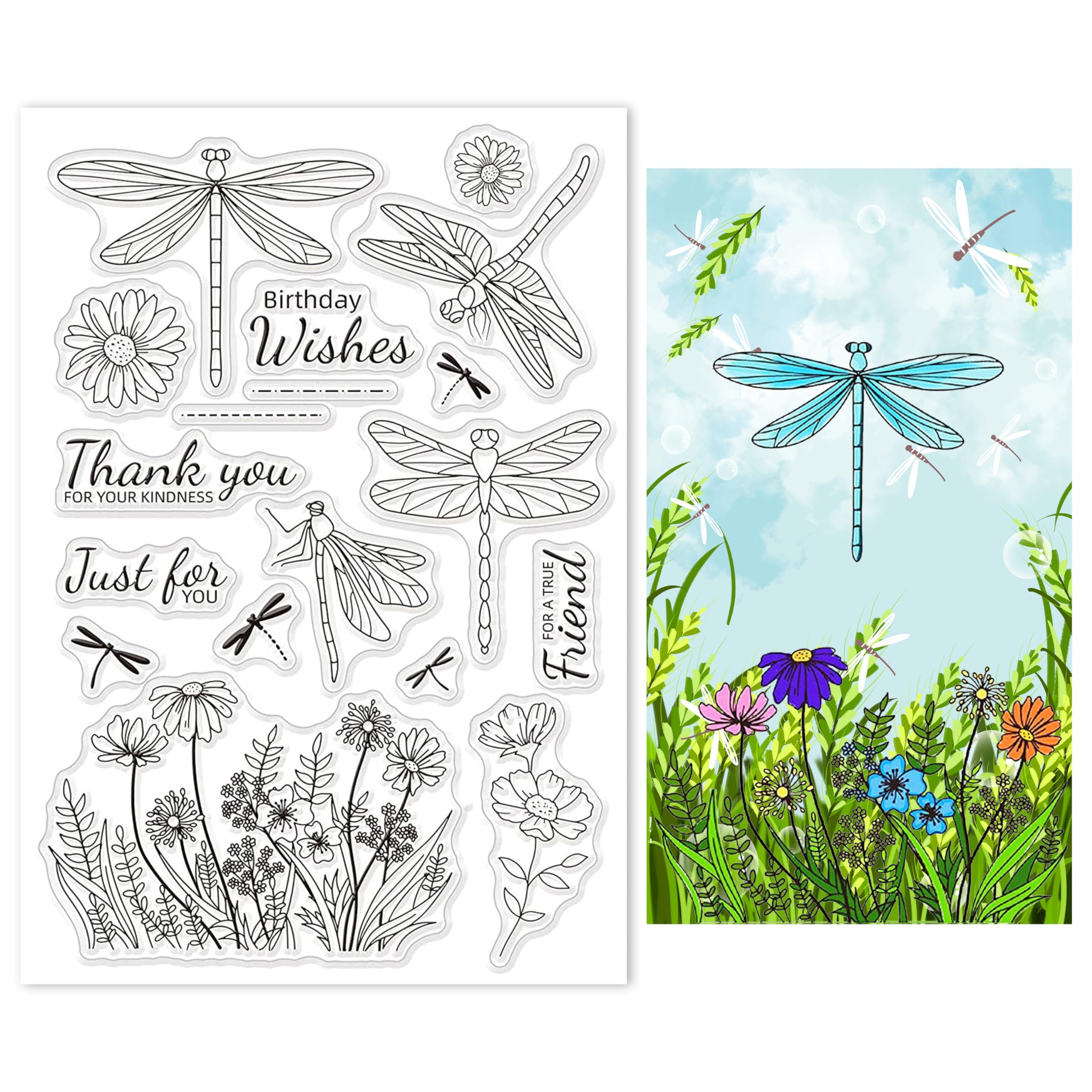 GLOBLELAND Dragonfly Pattern Flowers Clear Stamps Silicone Stamp Seal Transparent Seals for Card Making Decoration and DIY Scrapbooking