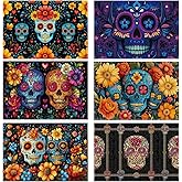 Skull Placemats Set of 6 12x18inch Colorful&Flowers Flax Table Mats Mexican Style Theme Place Mats Festival Washable Table Placemats for Indoor Outdoor Party Kitchen Dining Table