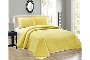 ELEGANT HOME DECOR Elegant Home Beautiful Over Sized Yellow Solid Color Embossed Floral Striped 3 Piece King/California King Size Coverlet Bedspread (King/Cal-King, Yellow)