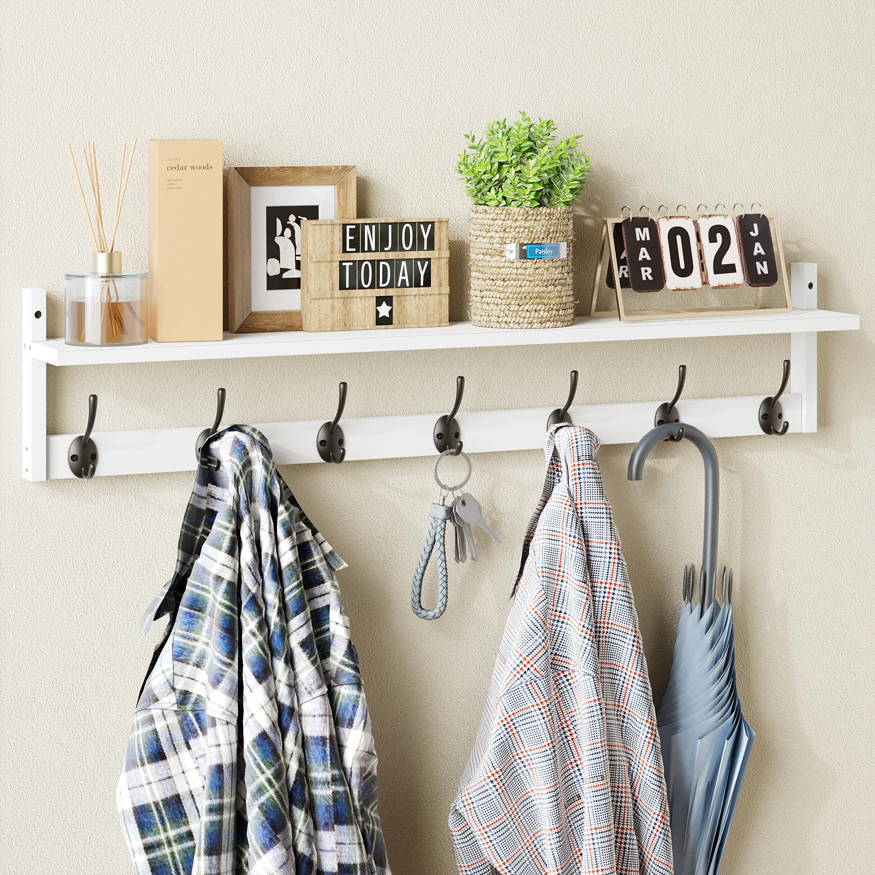Photo 1 of BAMEOS 35" L Wall Hooks with Shelf, Entryway Coat Hooks for Wall with Shelf, Wood Wall Hanging Shelf, Wall-Mounted Coat Rack with 7 Dual Metal Hooks for Bathroom, Kitchen, Living Room, Bedroom (White)
