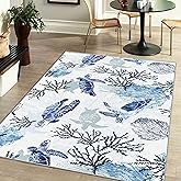 Coastal Nautical Rug for Bedroom & Living Room, Soft Low Velvet Carpet, Washable Beach Area Rug, Modern Blue Sea Turtle, 3x5