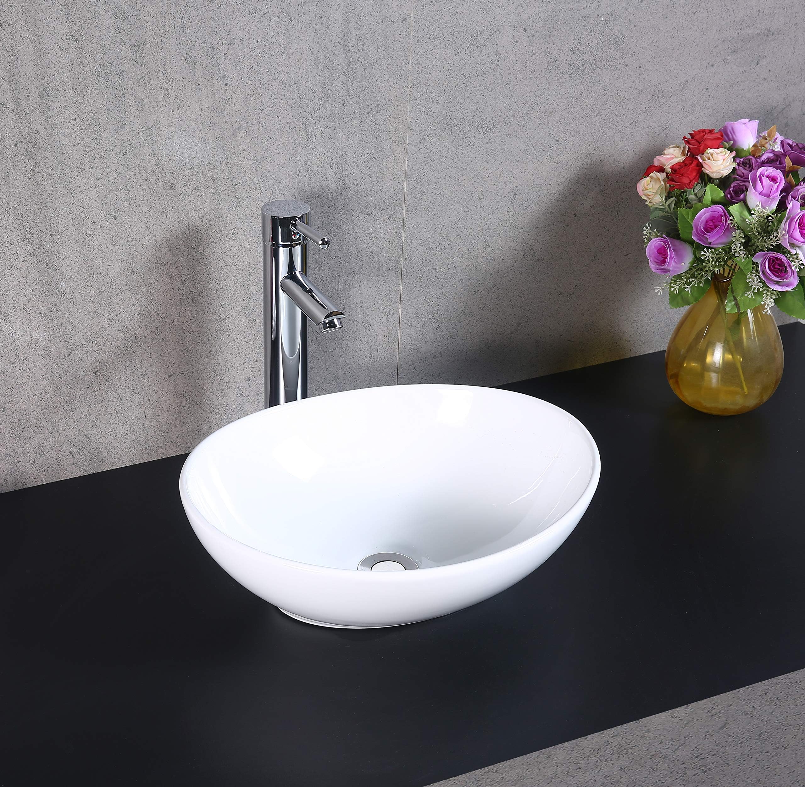 BATHROOM COUNTERTOP OVAL CERAMIC BASIN SINK WITH TAP, WASTE AND BOTTLE TRAP