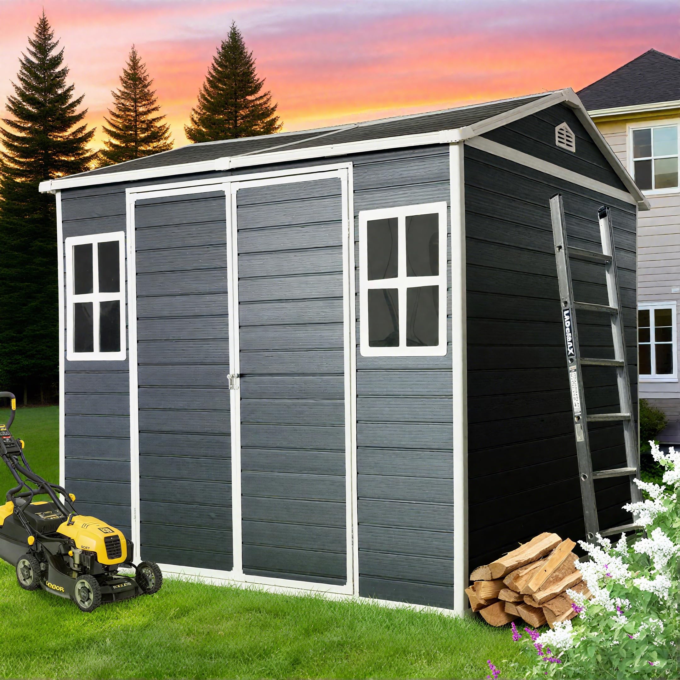 Photo 1 of **PARTIAL SET** BOX  3 OUT OF THE 4 ** 8x6 FT Outdoor Storage Resin Shed with Floor, Plastic Garden Tool Shed with Sloped Roof, Lockable Door & Windows, Easy to Assemble Bike Shed for Lawn, Backyard, Patio, Black          