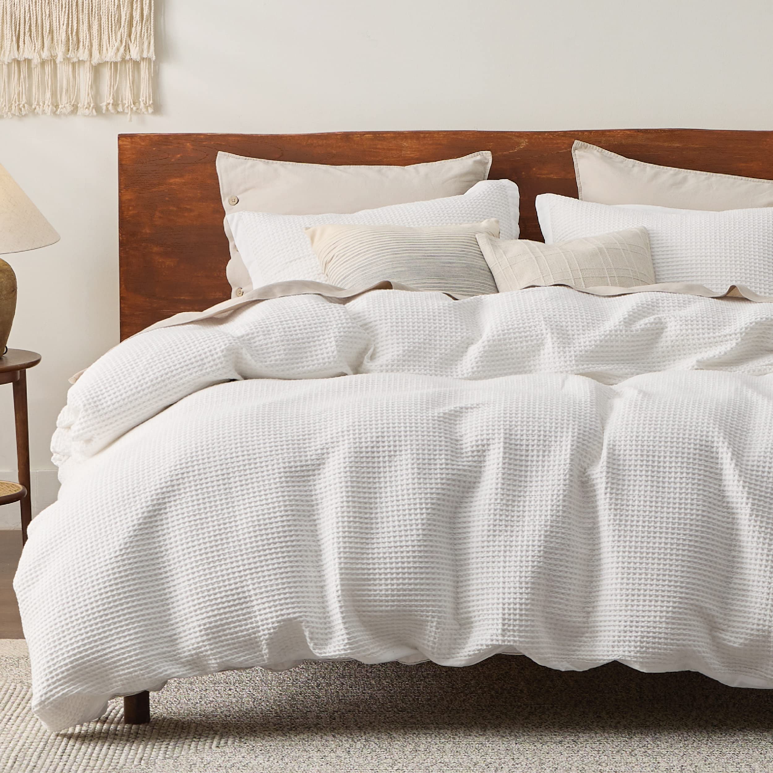 Photo 1 of Bedsure Cotton Duvet Cover Queen - 100% Cotton Waffle Weave Milk White Duvet Cover Queen Size, GentleSoft™ and Breathable Bedding Set for All Season, 3 Pieces, 90"x90"